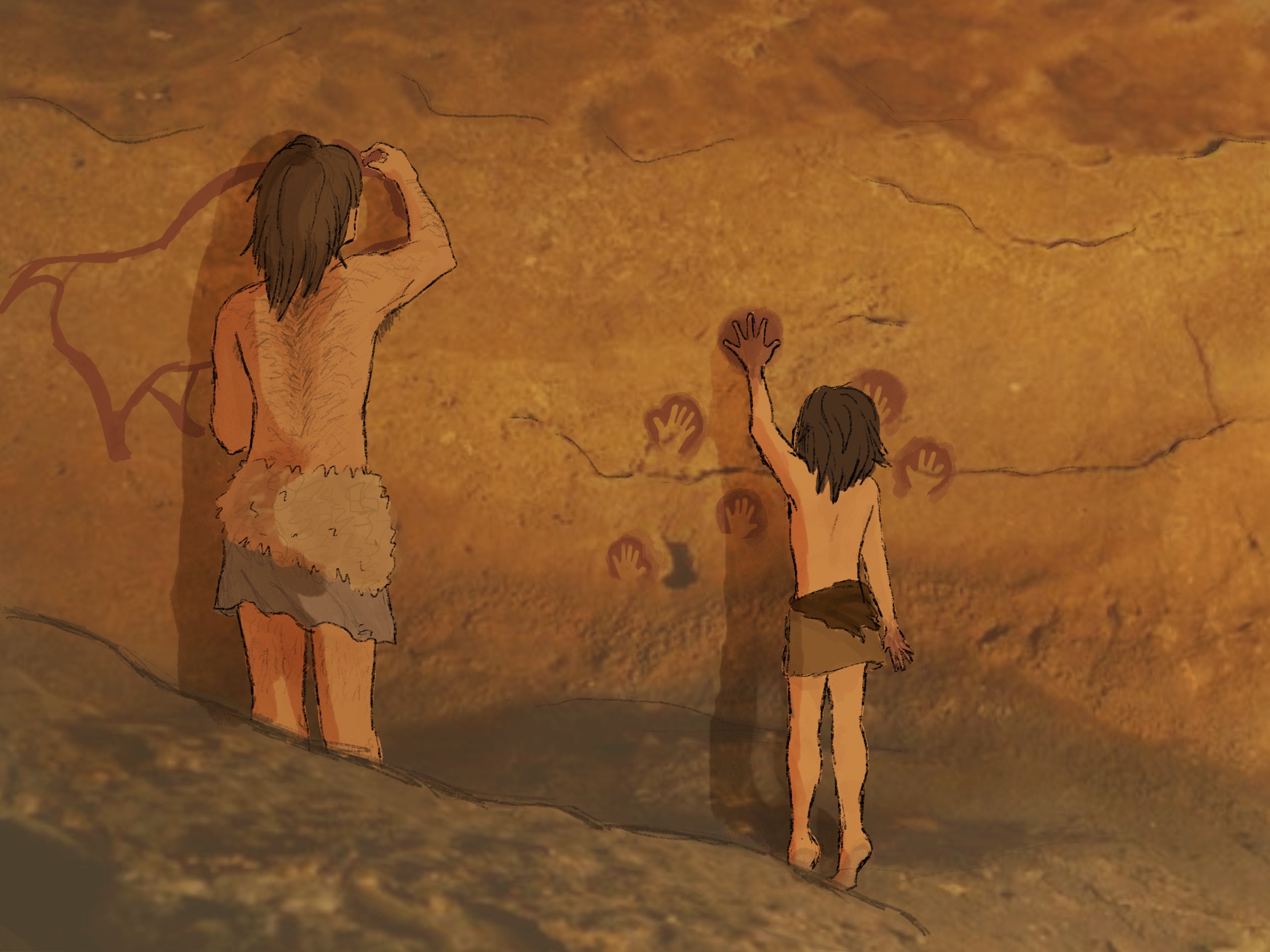 A child and an adult create cave paintings